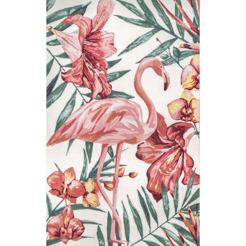 Multicolor Flamingo and Floral Synthetic Indoor/Outdoor Area Rug