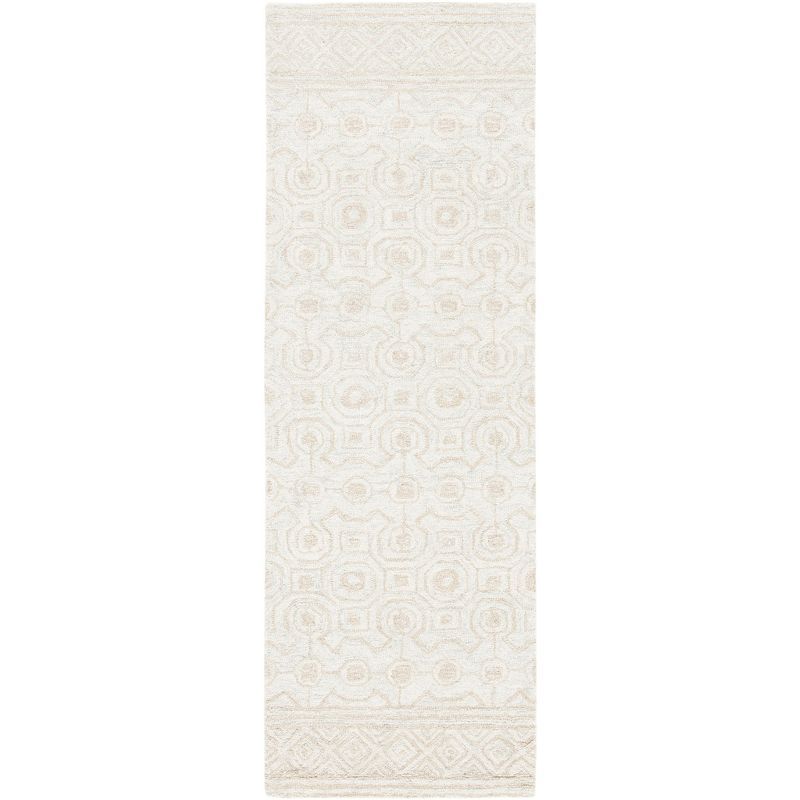 Ivory and Light Green Hand-Tufted Wool Geometric Runner Rug