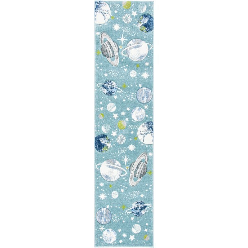 Teal and Ivory Space-Themed Kids Runner Rug