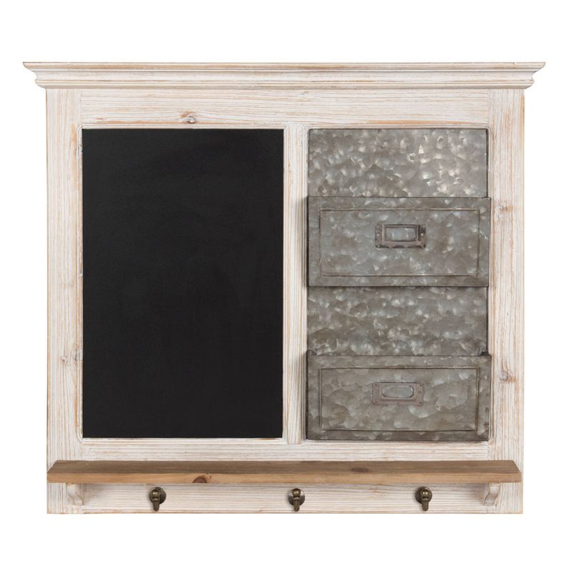 White Distressed Wood and Metal Wall Organizer with Chalkboard