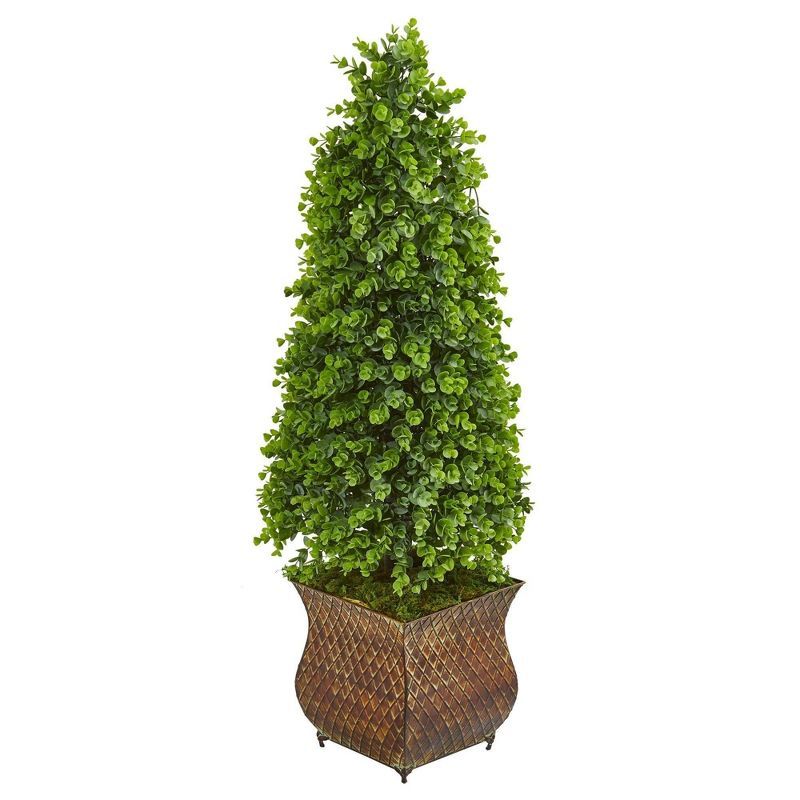 Elegant Green Eucalyptus 42" Cone Topiary in Classic Metal Planter