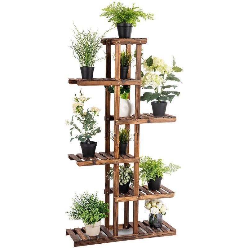 Costway Dark Wood 6-Tier Plant Display Stand with 11 Pots