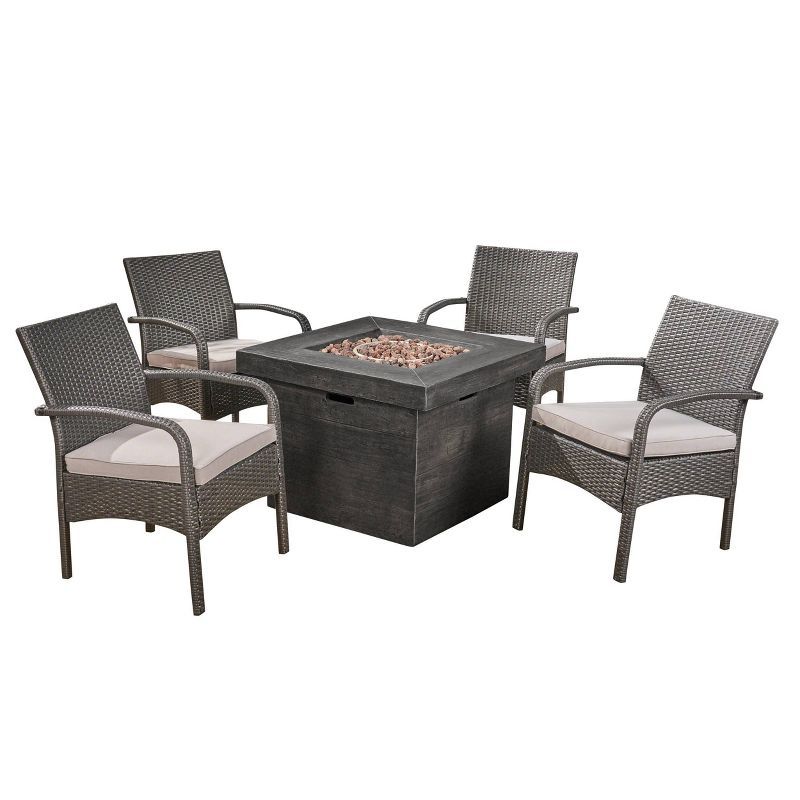 Cordoba Gray Wicker and Concrete 4-Seater Fire Pit Set