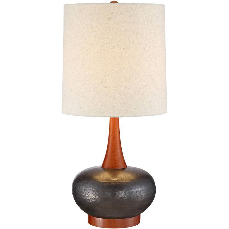 Mid-Century Modern Hammered Ceramic and Wood Table Lamp with Off-White Shade