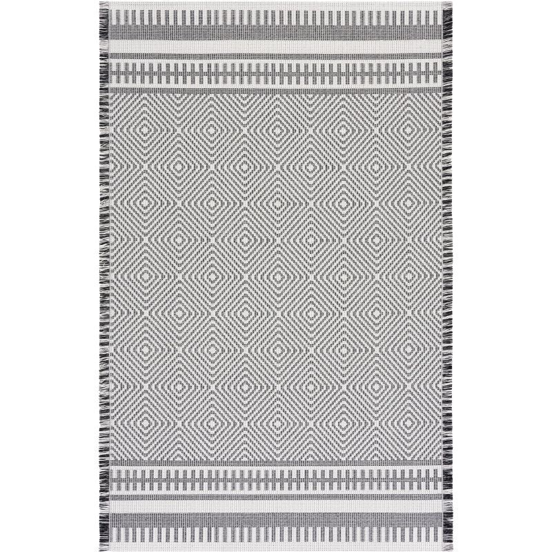 Ivory and Black Geometric Flat Woven Area Rug