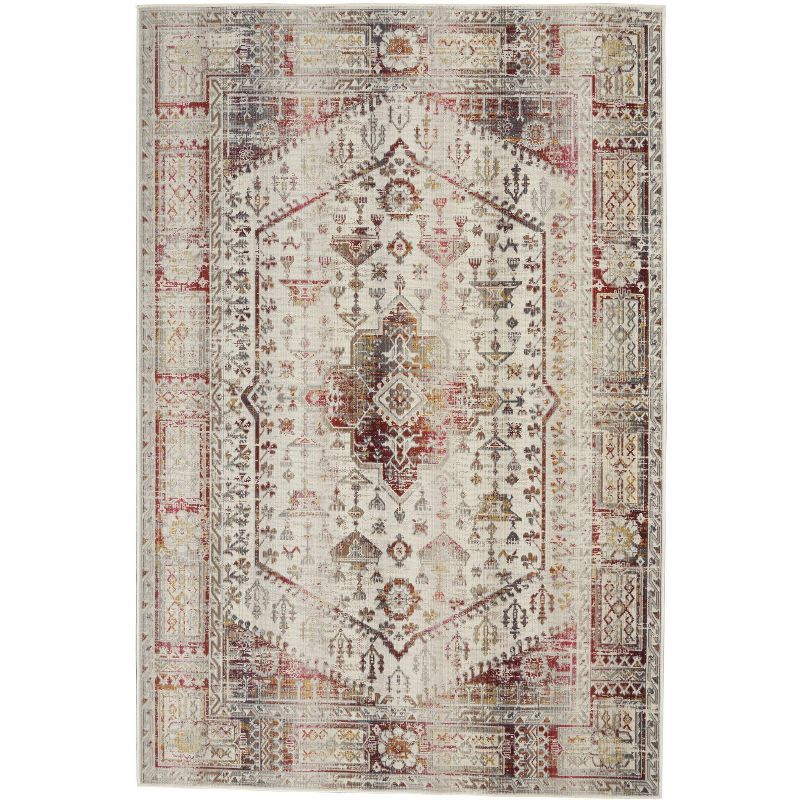 Ivory and Red Synthetic Medallion Rug, 2' x 4'