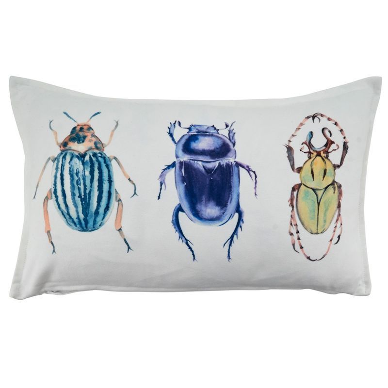 White Rectangular Throw Pillow with Colorful Bug Design