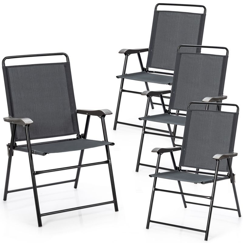 Gray Steel Folding Patio Chairs with Armrests, Set of 4