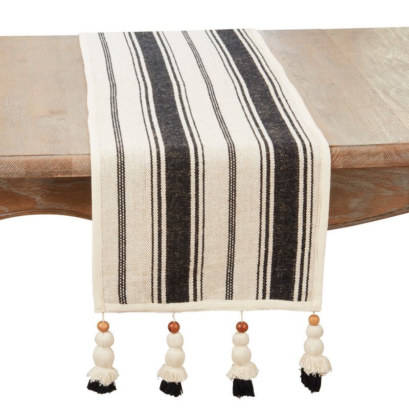 Black and Natural Cotton Table Runner with Wood Bead Tassels