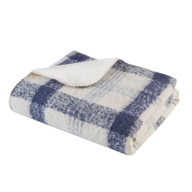 Blue and White Reversible Faux Mohair Sherpa Throw Blanket