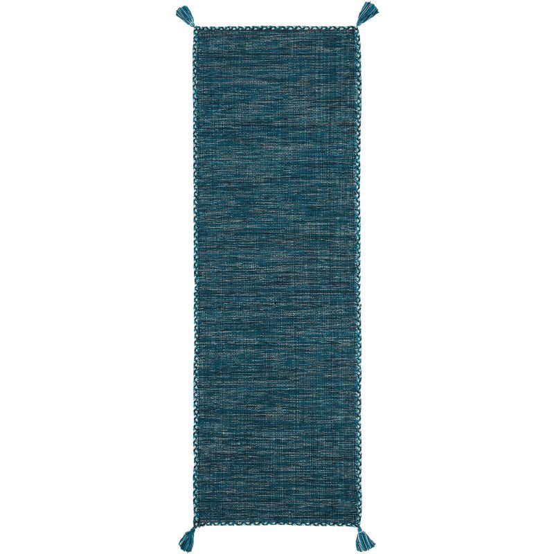 Handwoven Blue and Black Cotton Runner Rug with Tassels