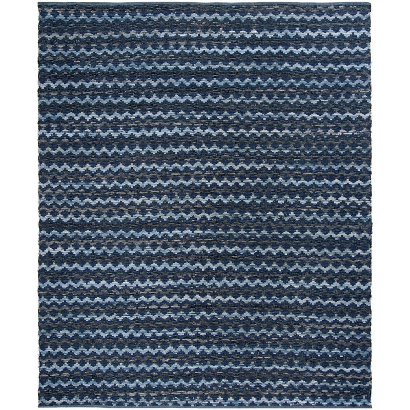 Navy Blue and Black Handmade Wool Cotton 8' x 10' Rug