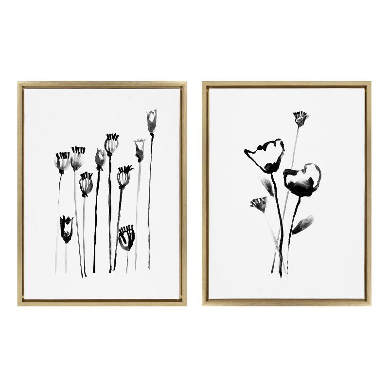 Black and White Wildflowers and Seed Pods Canvas Set with Gold Frame