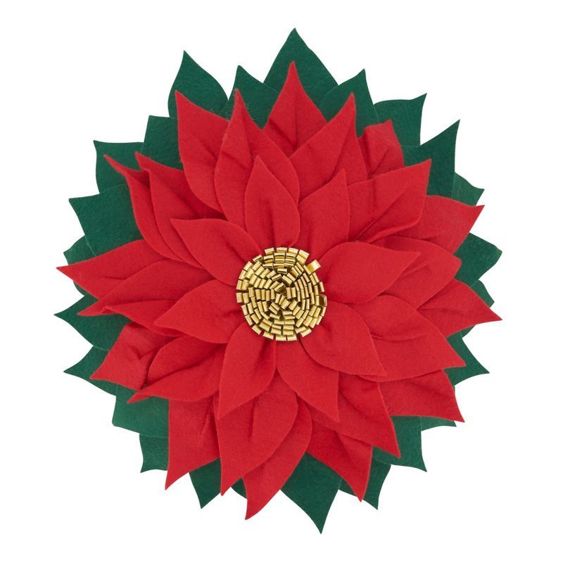 Red and Green Felt Poinsettia Round Throw Pillow