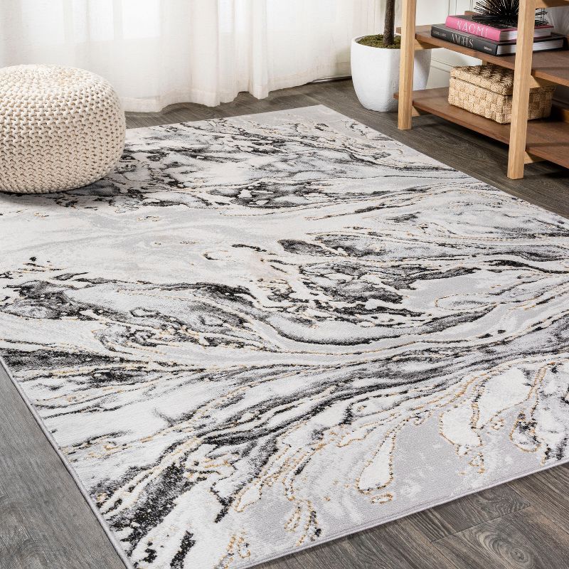 Gray and Black Abstract Marbled 4' x 6' Synthetic Rug