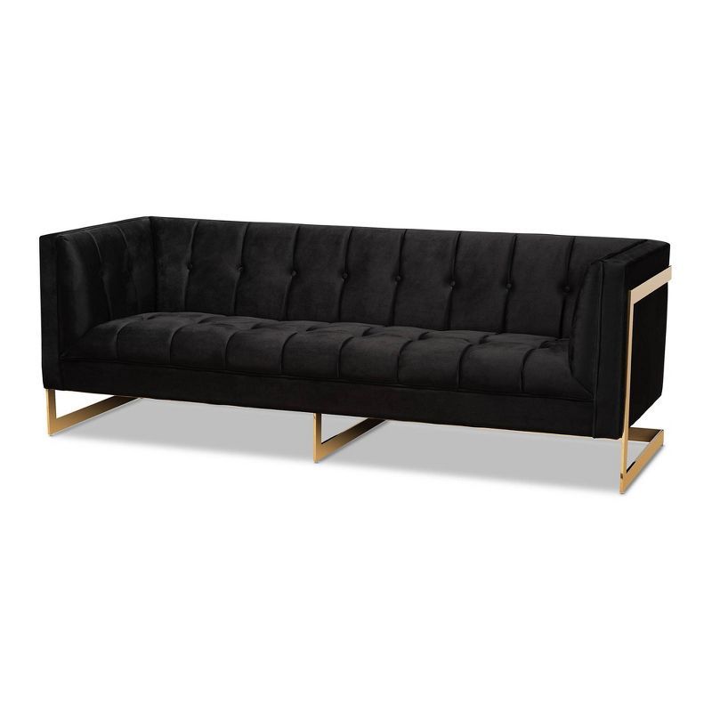 Luxurious Black Velvet Tufted Sofa with Gold-Tone Metal Frame