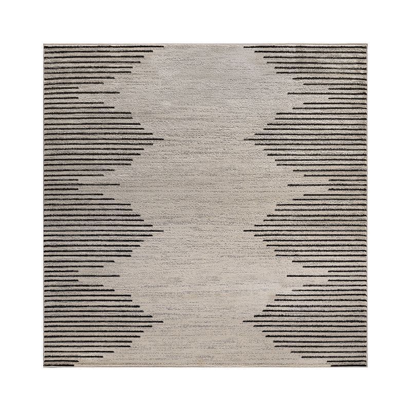 Cream and Black Synthetic Square Stripe Area Rug, 6'6" x 6'6"