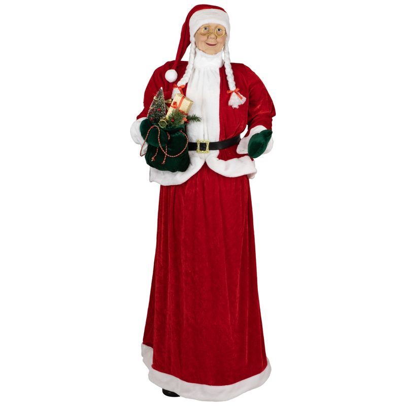 Life-Size Red and White Mrs. Claus Christmas Figurine with Gift Bag