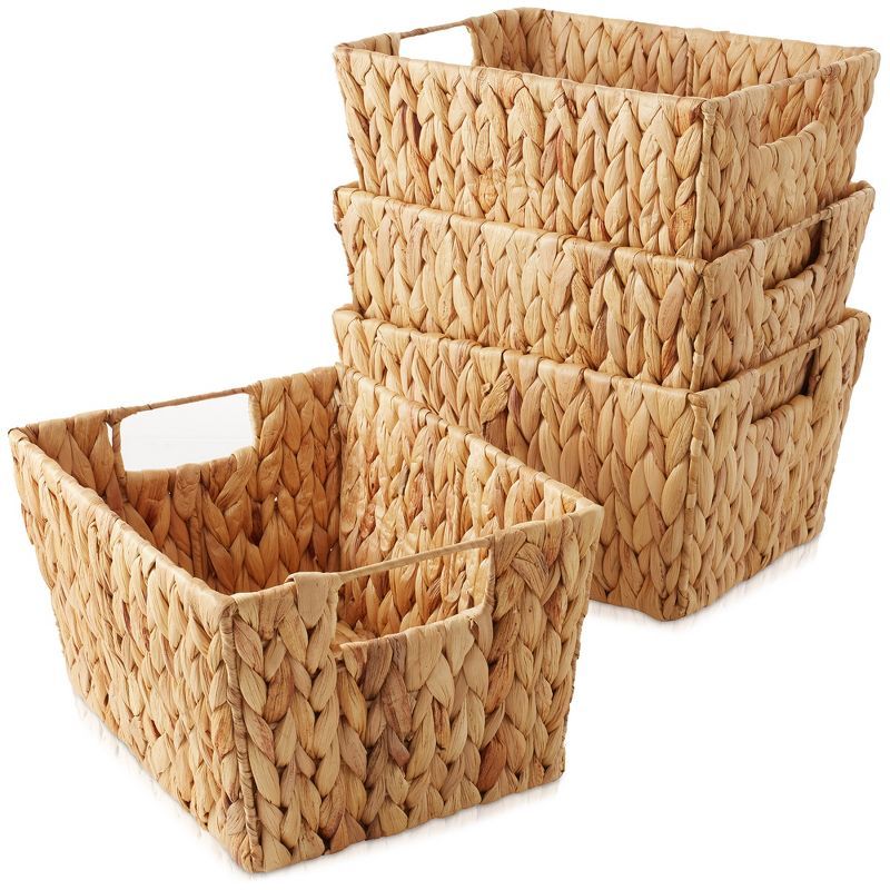 Natural Wicker Rectangular Storage Baskets with Handles, Set of 4