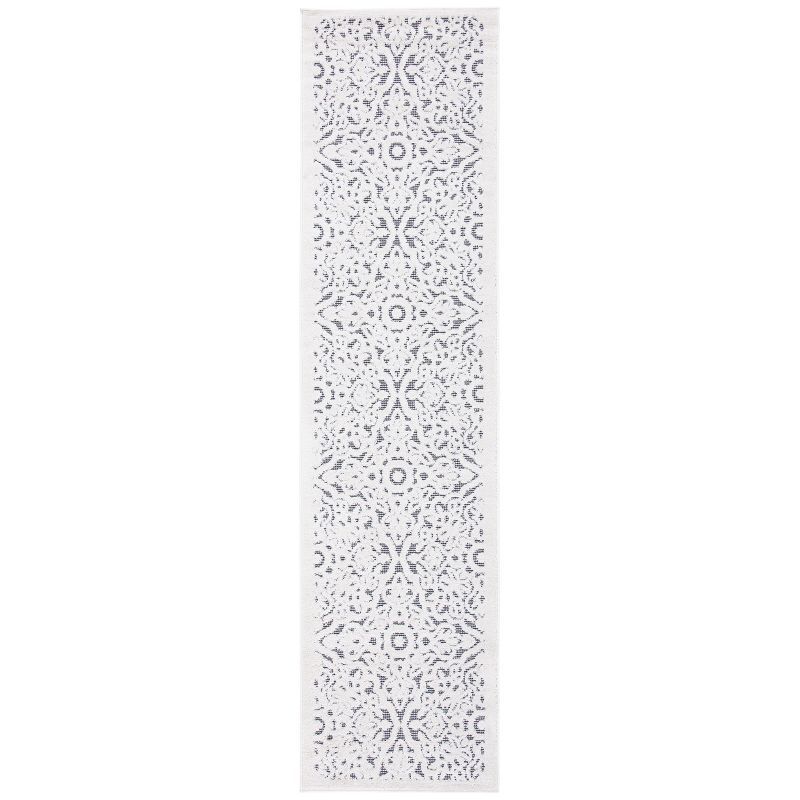 Ivory and Grey Geometric Synthetic Indoor/Outdoor Runner Rug