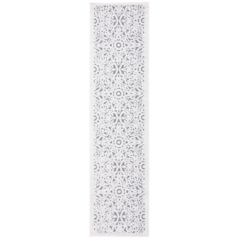 Ivory and Grey Geometric Synthetic Indoor/Outdoor Runner Rug