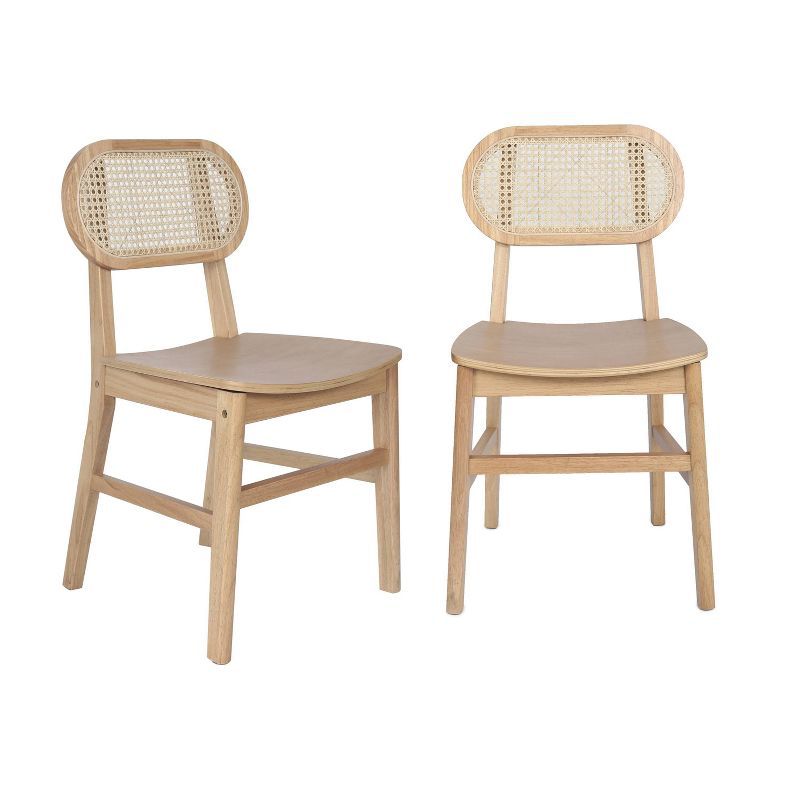 Natural Wood and Cane High Back Dining Chairs, Set of 2