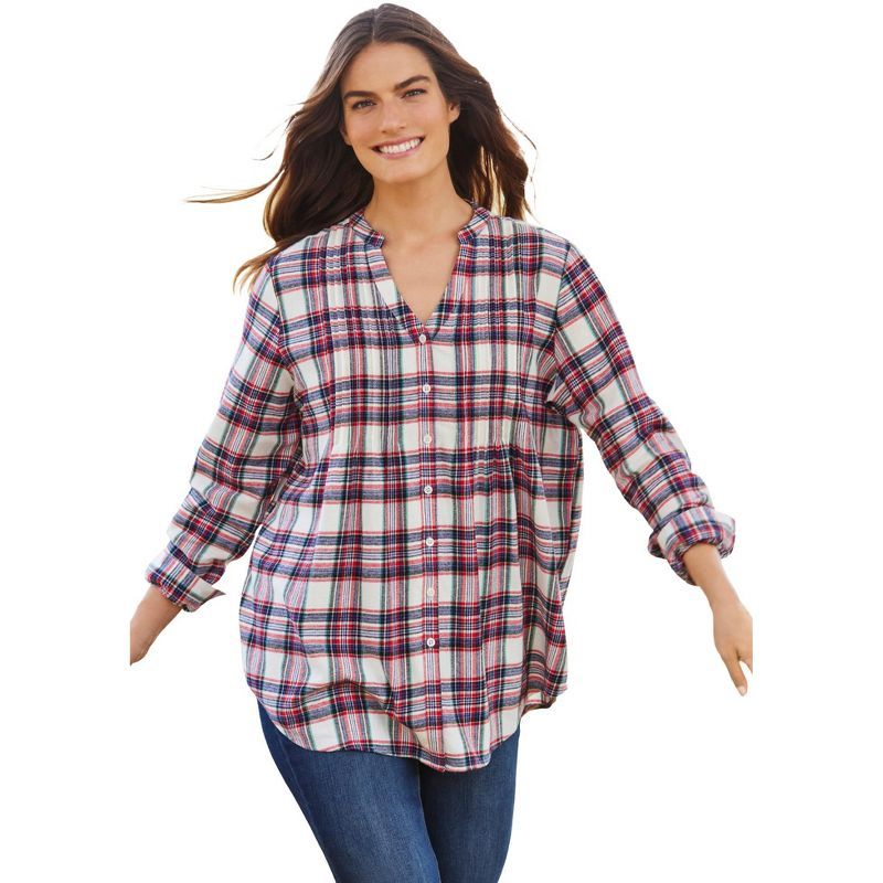 Ivory Multi Plaid Pintucked Cotton Flannel Shirt, Plus Size