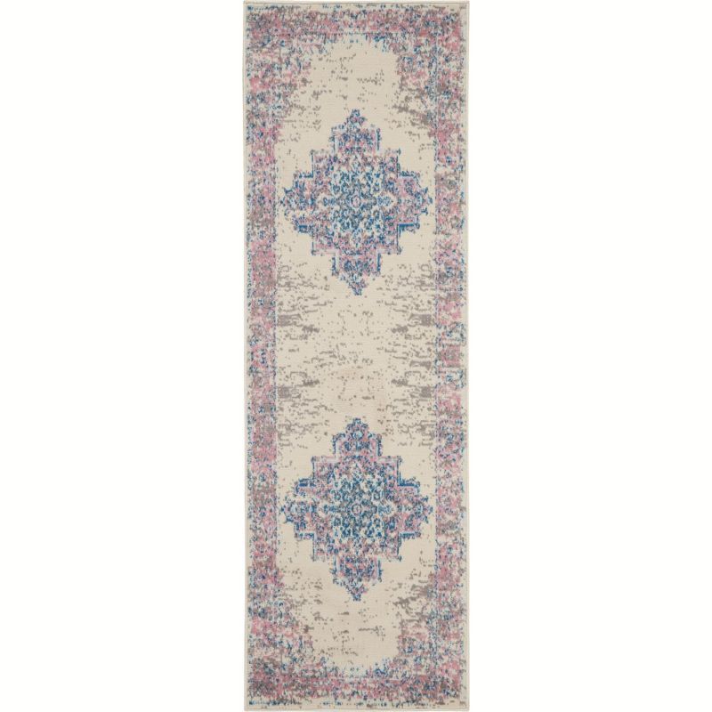 Elegant Ivory & Pink Medallion Hand-Knotted Runner Rug