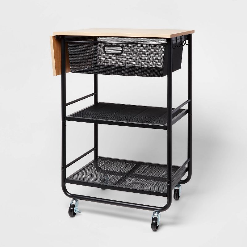 Black Metal Storage Cart with Mesh Drawer and Wood Top