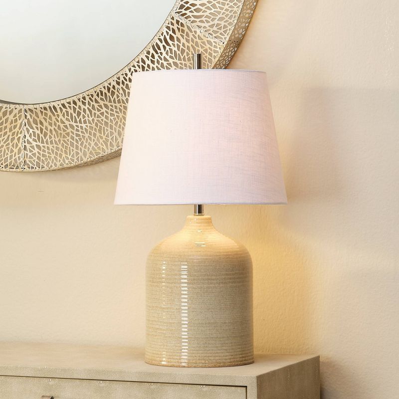 Taupe Ceramic Table Lamp with Silver Accents and Linen Shade