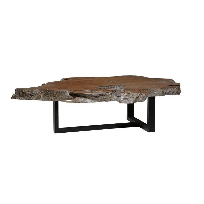 Contemporary Teak Wood and Metal Round Coffee Table