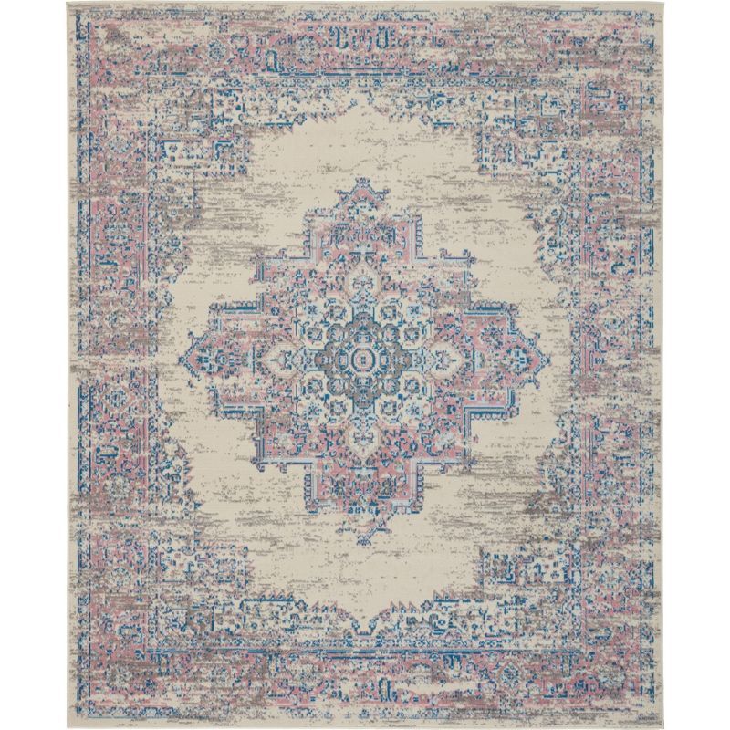 Ivory and Pink Medallion Hand-Knotted Round Area Rug, Synthetic 8'6" x 12'