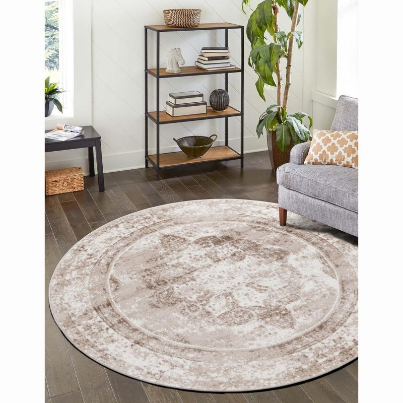 Beige and Brown Round Synthetic Easy Care Rug