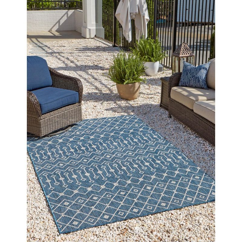 Blue Rectangular Outdoor Trellis Synthetic Area Rug