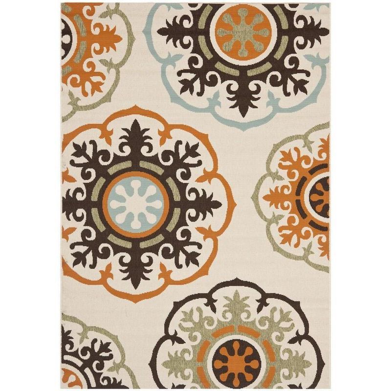 Cream and Terracotta Floral Synthetic Indoor/Outdoor Area Rug