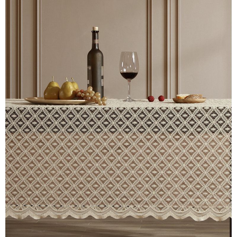 Linen Taupe Lace Fabric Tablecloth for Rectangle Tables, 60 W x 84 L