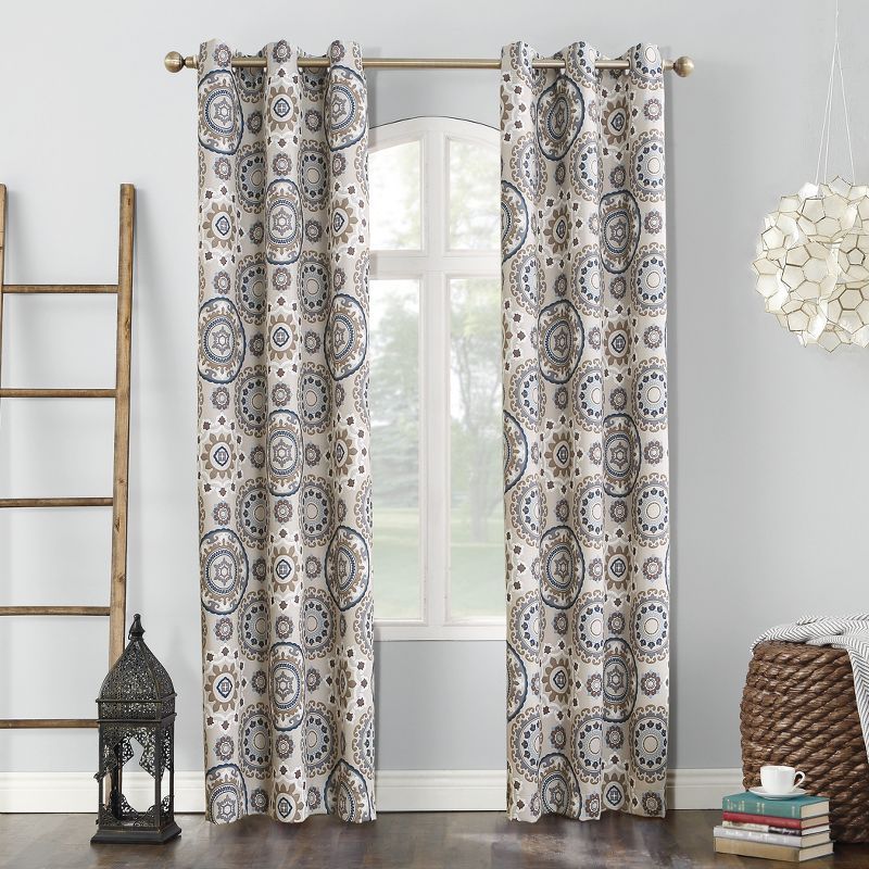 Silver Linen Blackout Grommet Curtain Panel with Medallion Print, 40" x 95"