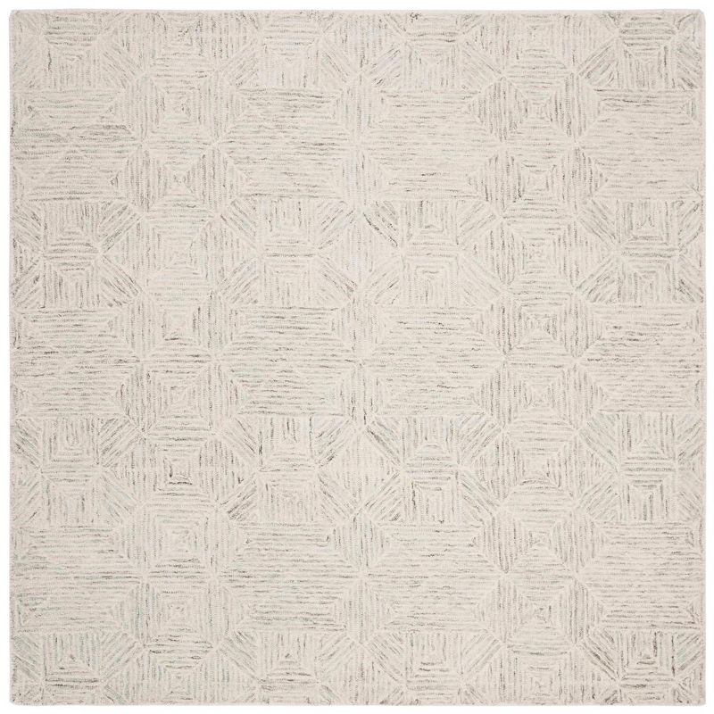 Grey and Ivory Handmade Wool Abstract Square Rug