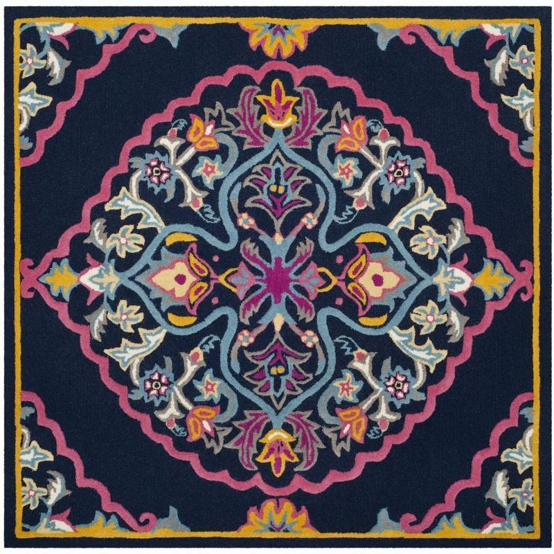 Handmade Bohemian-Chic Navy Blue/Multi Wool Square Area Rug - 5' x 5'