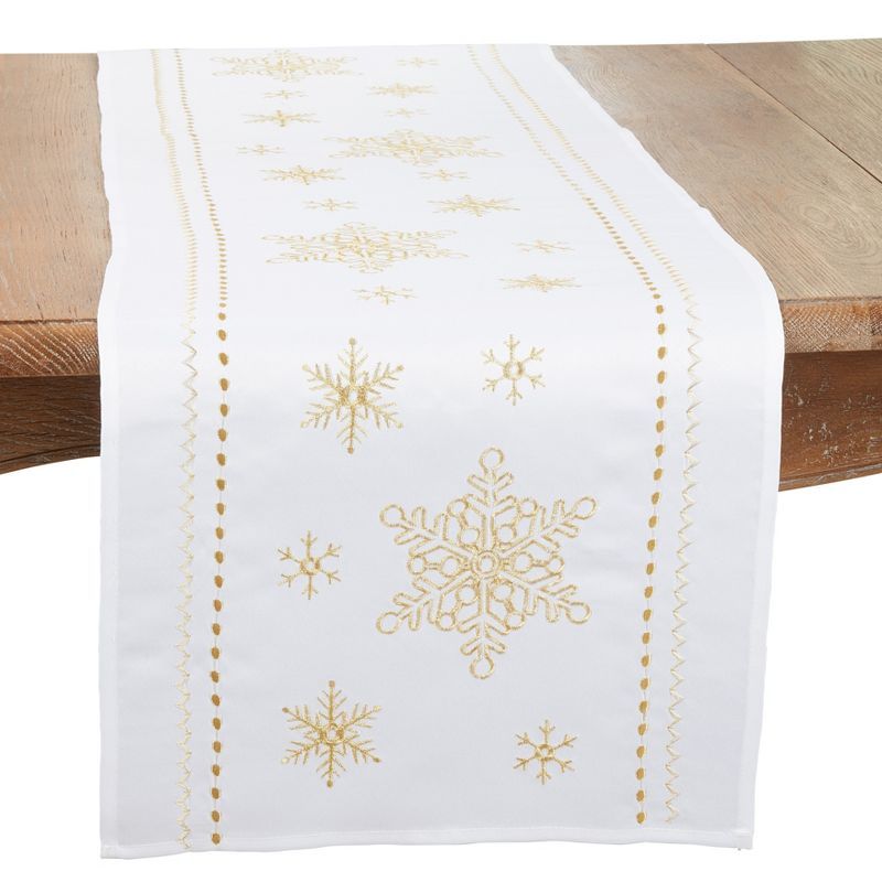 White and Gold Snowflake Embroidered Polyester Table Runner