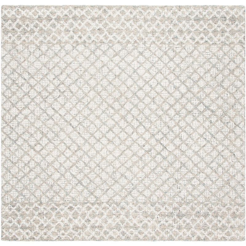 Ivory and Grey 6' Square Handmade Wool Area Rug