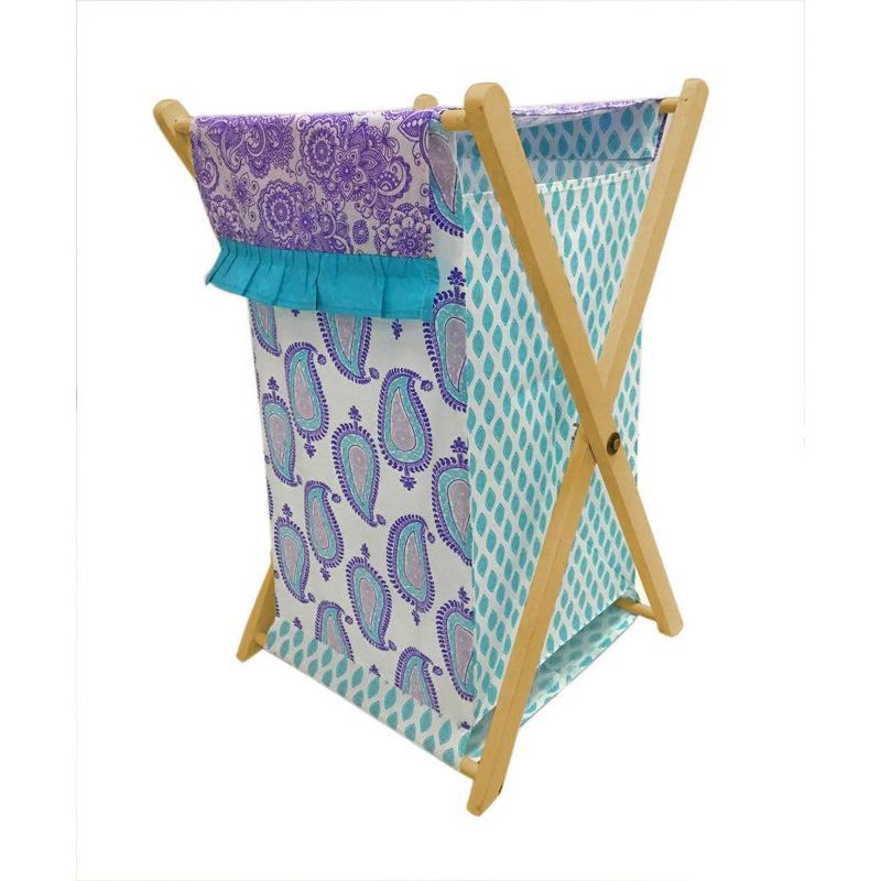 Paisley Aqua and Purple Collapsible Kids Laundry Hamper with Wooden Frame