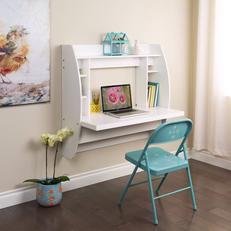 White Wall-Mounted Foldable Desk with Storage and Drawer