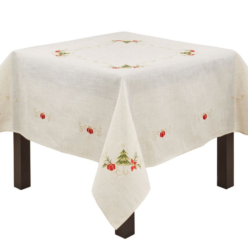 Embroidered Christmas Tree Linen Blend Square Tablecloth