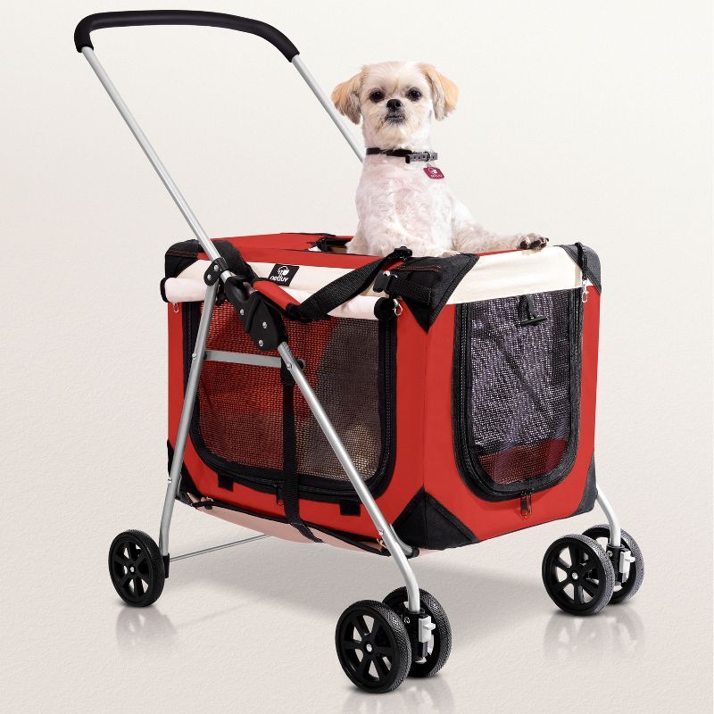 Red Foldable Pet Stroller with Detachable Carrier