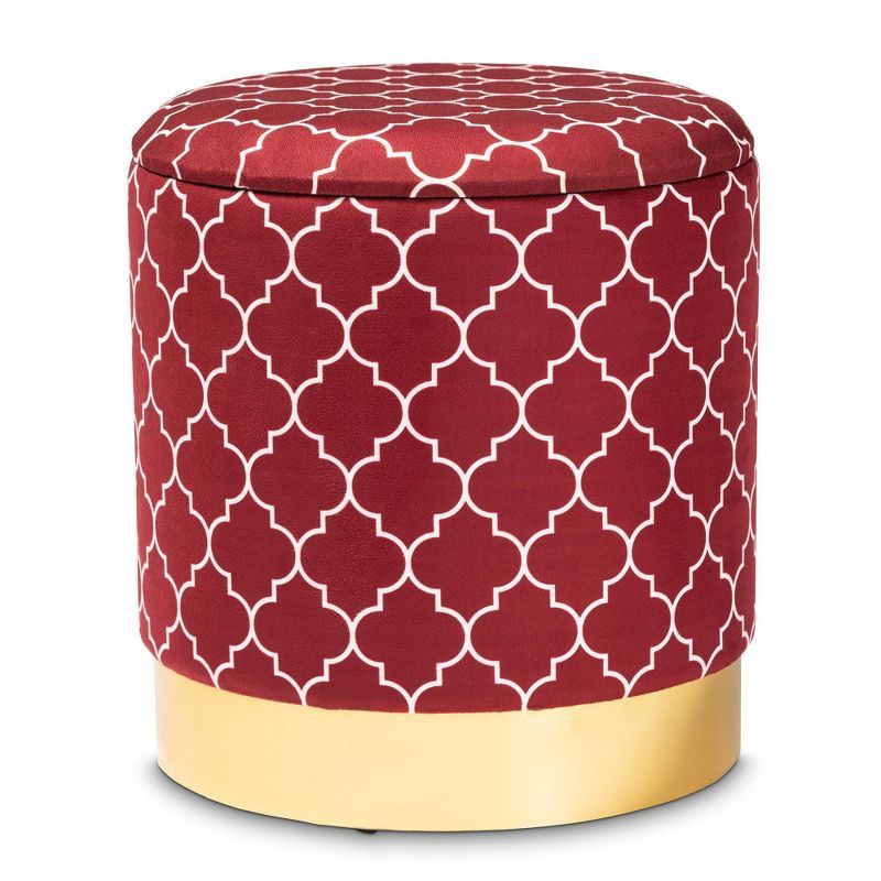 Serra Glam Red Velvet Quatrefoil Gold Metal Storage Ottoman