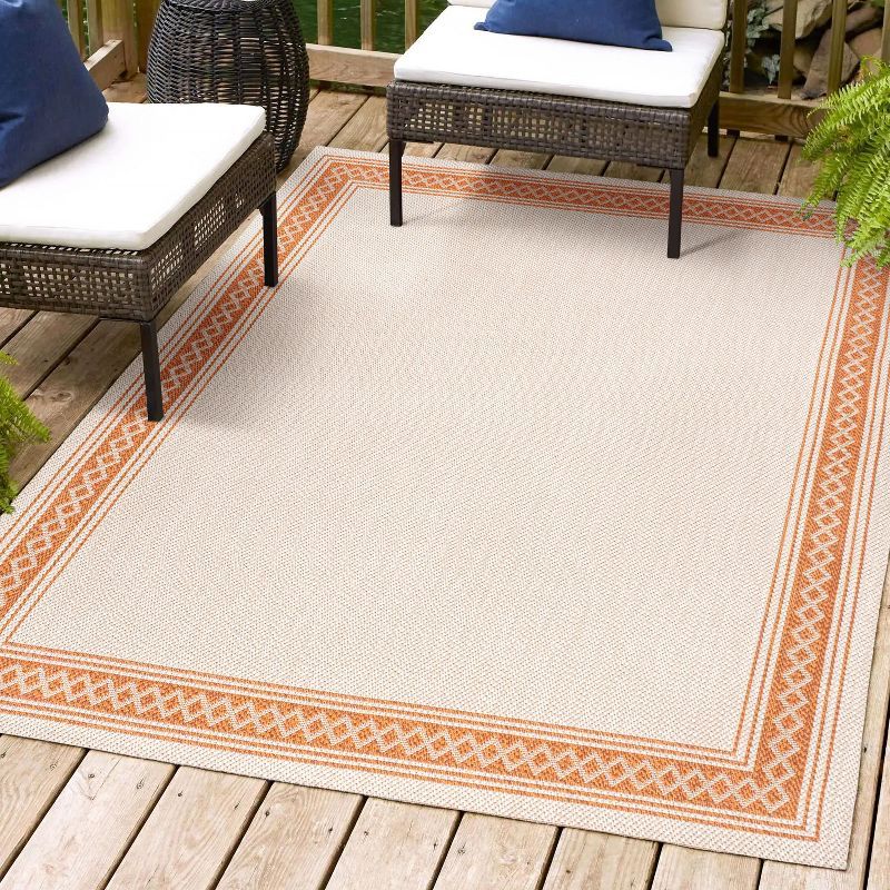 Modern Cream/Orange Geometric Indoor/Outdoor Synthetic Rug - 3' x 5'