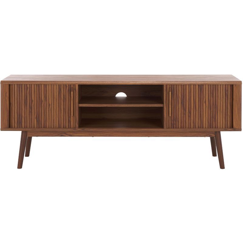 Walnut Mid-Century Modern Media Stand with Sliding Doors