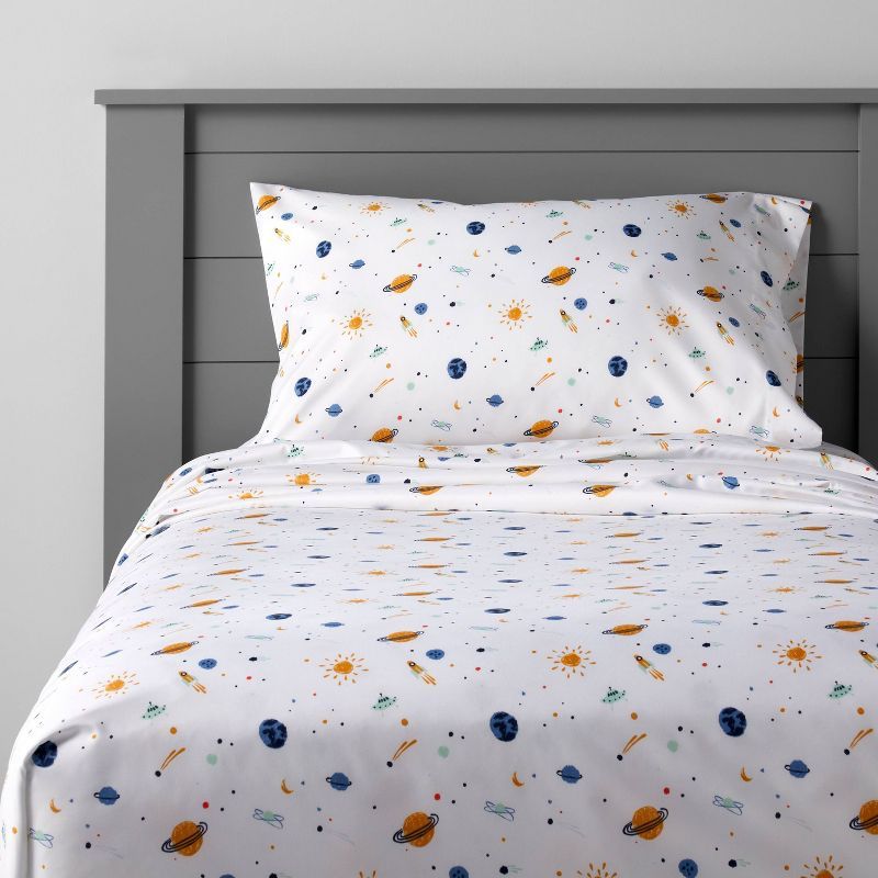 Twin White Microfiber Space Print Boys' Sheet Set