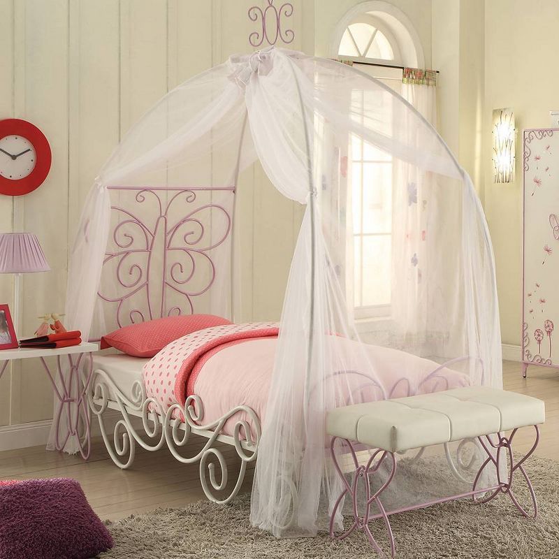 Priya II White and Light Purple Twin Canopy Bed with Butterfly Headboard